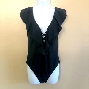 La Blanca Women’s Black Tummy Control Ruffled Lace-up One-PieceSwimsuit Size 12